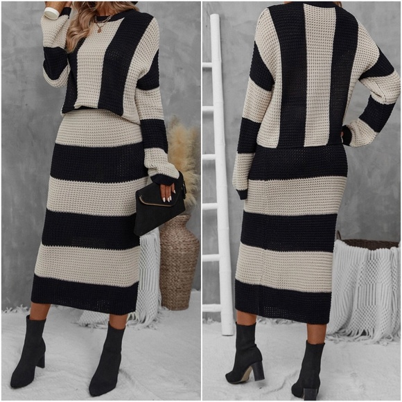 Luxe Color block Knit Sweater Midi Skirt Set - Picture 3 of 5